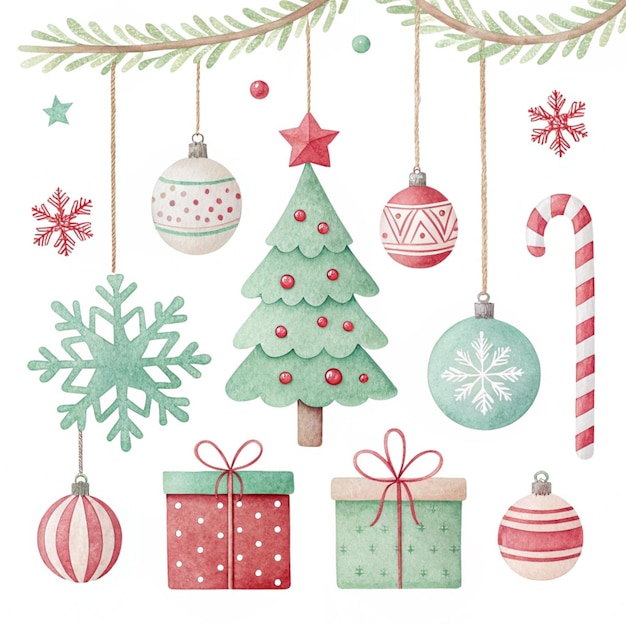 3D-Verzierungen Handgezeichnete Aquarell-Weihnachtsdekorationen in Pastellrot, Grün und Weiß