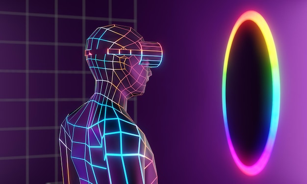 3D Virtual Human Wear VR-Headset mit Kreisloch-Regenbogenfarbe Wireframe-Effekt