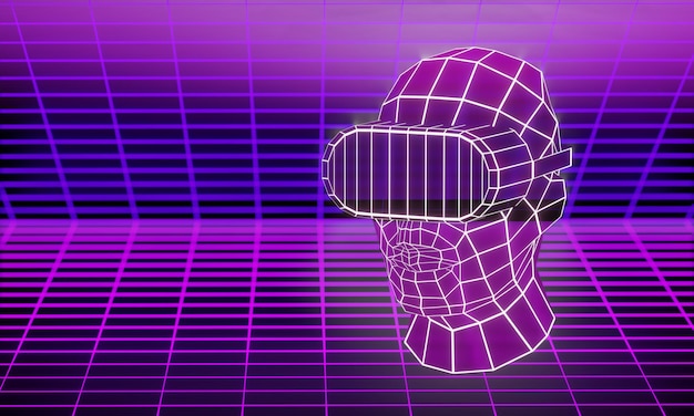 3D Virtual Human Wear VR-Headset mit Sphere Wireframe-Effekt 3D-Illustrations-Rendering