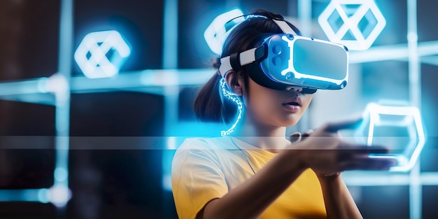 3D-Virtual-Reality-Gaming futuristischer Teenager spielt VR-Headset-Technologie der virtuellen Metaverse-Welt auf farbenfrohem Generate Ai