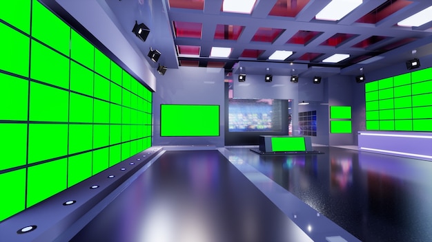 3D Virtual TV Studio Nachrichten mit grünem Bildschirm, 3D-Illustration