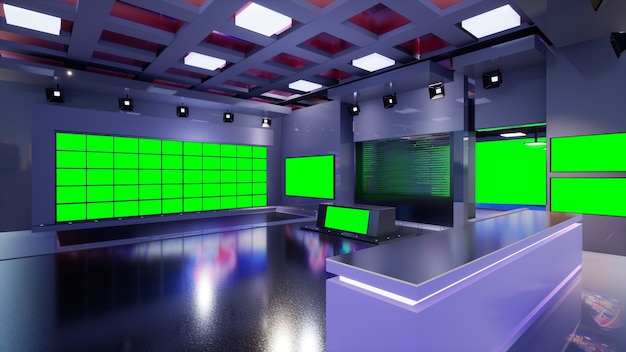 Foto 3d virtual tv studio nachrichten mit grünem bildschirm, 3d-illustration