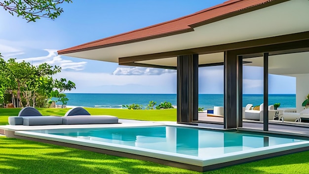 3D-Visualisierung einer atemberaubenden, luxuriösen Immobilie mit moderner Hausarchitektur am Wasser