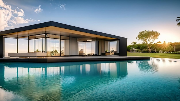 3D-Visualisierung einer atemberaubenden, luxuriösen Immobilie mit moderner Hausarchitektur am Wasser