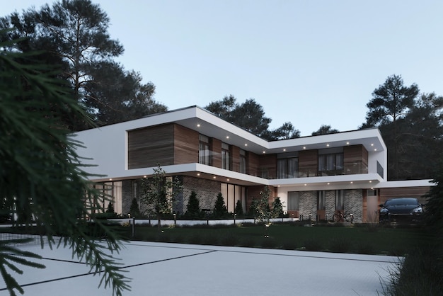 3D-Visualisierung einer modernen Villa mit großem Grundstück. Ein Privathaus. Abendbeleuchtung.