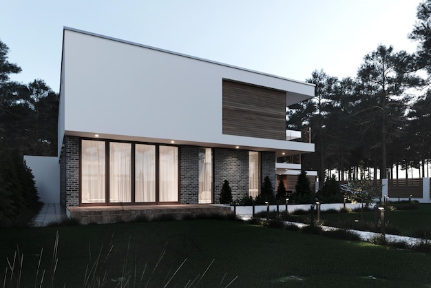3D-Visualisierung einer modernen Villa mit großem Grundstück. Ein Privathaus. Abendbeleuchtung.
