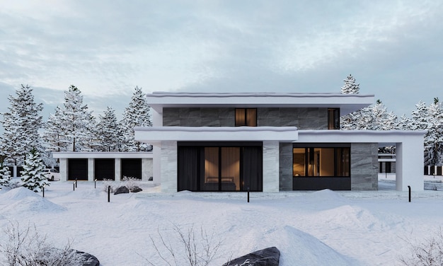 3D-Visualisierung einer Villa im Winter. Haus im Schnee.