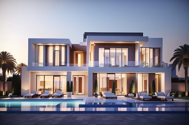 3D-Visualisierung einer Villa in Dubai, moderne Architektur, Abendbeleuchtung der Fassade