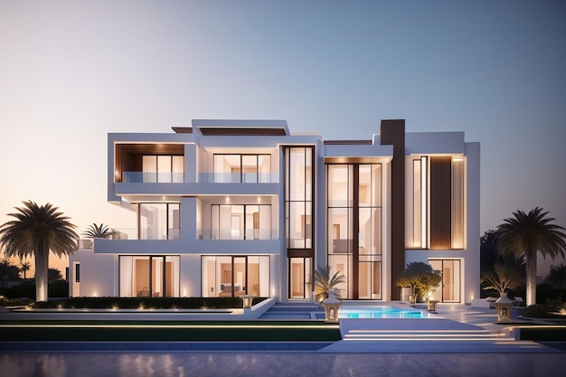 3D-Visualisierung einer Villa in Dubai, moderne Architektur, Abendbeleuchtung der Fassade