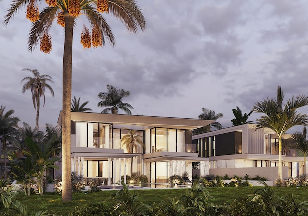 3D-Visualisierung einer Villa in Dubai. Moderne Architektur. Abendbeleuchtung der Fassade