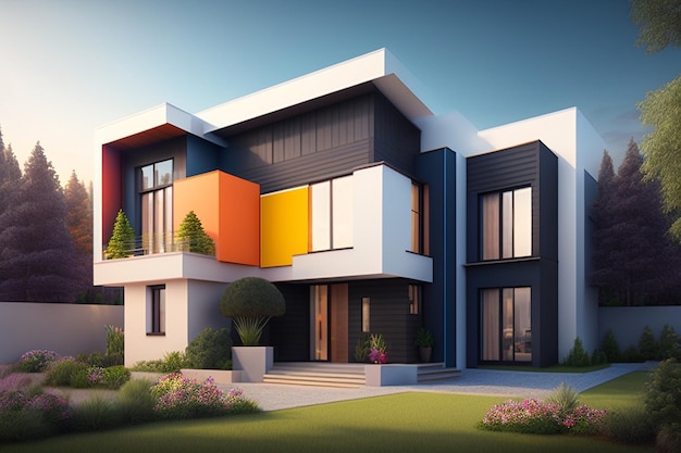 3D-Visualisierung eines modernen Hauses in hellen Farben. Hausfassadendesign, moderne Architektur