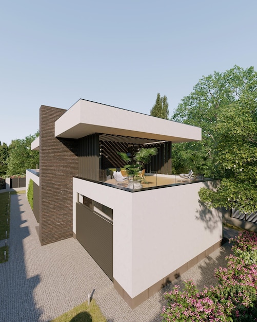 3D-Visualisierung eines modernen Hauses mit einzigartiger Fassade. Haus im modernen Stil. die Architektur