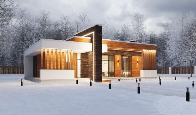 3D-Visualisierung eines modernen Hauses mit Panoramafenstern und einer Terrasse. Haus im Winter, Schnee auf Th