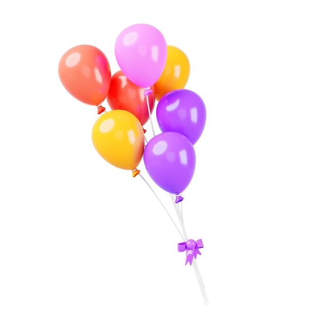3d volando globos de aire de color arco iris paquete con cintas y arco aislado icono render realista para fiesta de cumpleaños aniversario boda celebración de vacaciones o decoración de carnaval