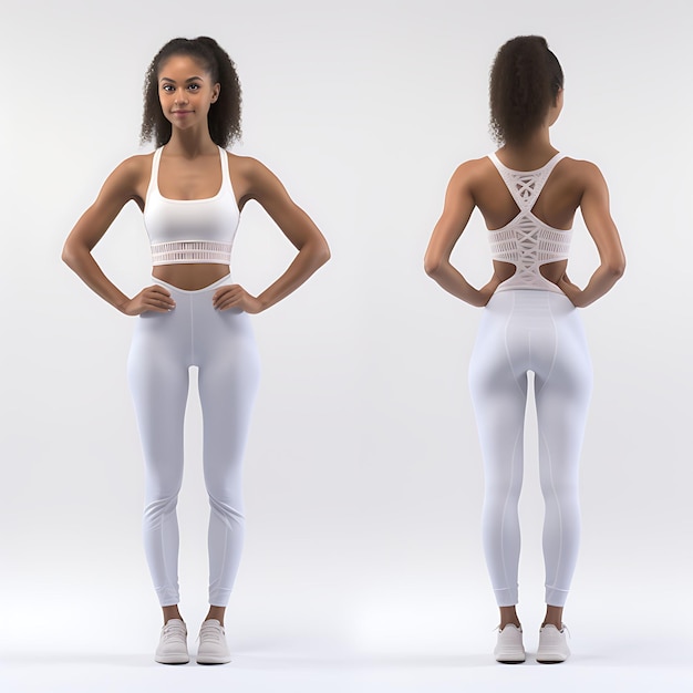 3D von Pilates-Lehrer-Fitnesskleidung oder -Uniform präsentiert Charakterwechsel auf weißem Hintergrund