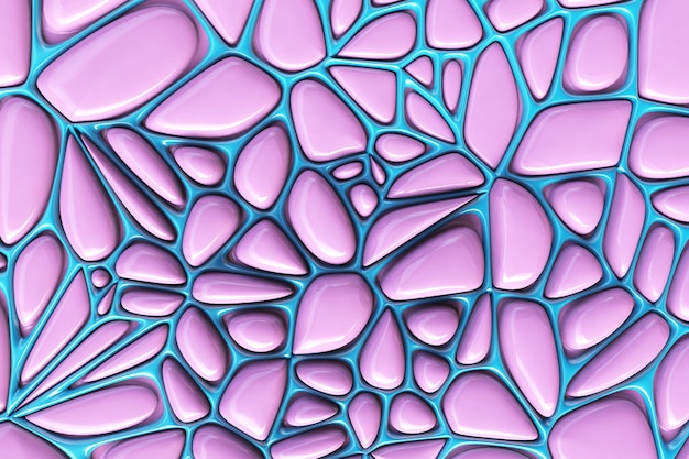 3d Voronoi-Effekt rendern, abstrakte rosa und blaue Fragmente, gebrochener Hintergrund. Polygonale Mosaikelemente. Geometrisches Objekt teilen. Modernes minimalistisches Design