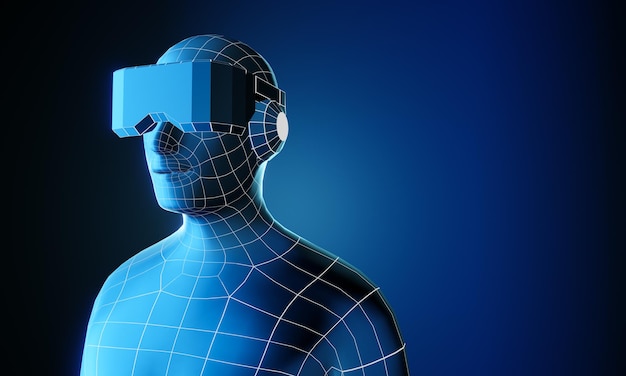 3D-VR-Headset mit blauem Wireframe-Virtual Human Wear auf blauem, dunklem Hintergrund 3D-Illustrations-Rendering