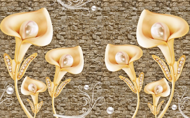 3D-Wallpapier mit goldenen Blüten auf Stein-Hintergrund