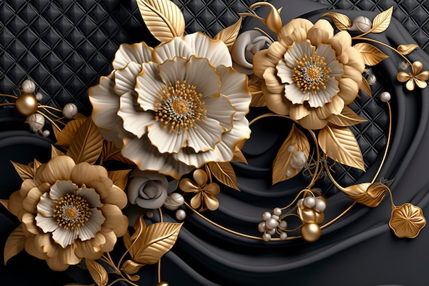 3D-Wandbild mit Blumenmuster, goldene und schwarze Blumen und Blätter, 3D-Render-Hintergrund, Wanddekoration, generiert KI