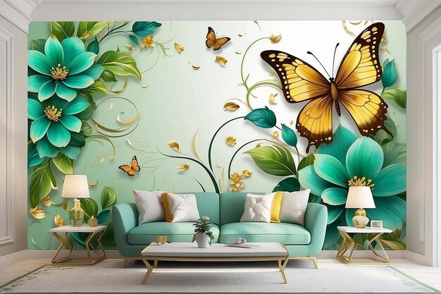 3D-Wandpapier abstrakter blumiger Hintergrund mit grünen Blumen und goldenen Schmetterlingen Wandgemälde für das Innere des Hauses