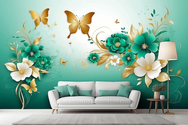 3D-Wandpapier abstrakter blumiger Hintergrund mit grünen Blumen und goldenen Schmetterlingen Wandgemälde für das Innere des Hauses