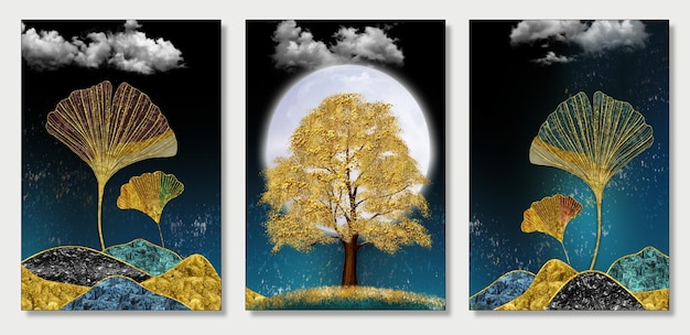 3D-Wandtapete mit dunkelblauem Hintergrund, goldener Weihnachtsbaum, Blätter, Berge, Mond