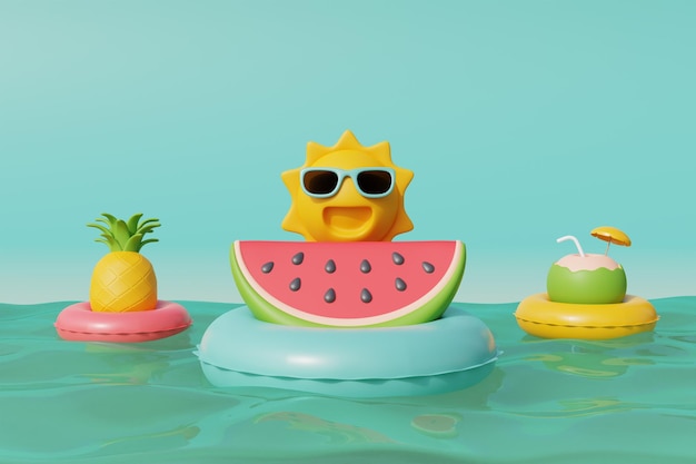 3D Wassermelone Ananas Kokosnuss mit aufblasbaren Ring schwimmend im Meer Sommer tropischen Strand an einem sonnigen Tag Sommerurlaub 3D-Rendering