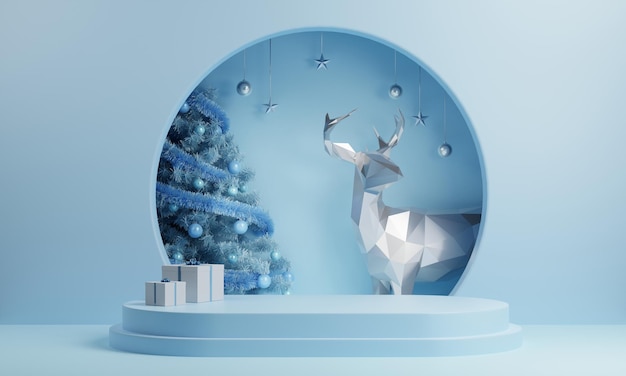 3D-Weihnachten und frohes neues Jahr für Show-Produkt-Social-Media-Post-Banner-Vorlage Blauer Hintergrund