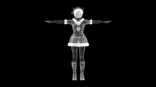 3D-Weihnachtsmannmädchen auf schwarzem Hintergrund Attraktives Mädchen im sexy Weihnachtsmannanzug Frohe Weihnachten und ein glückliches neues Jahr-Konzept für die Präsentation des Titeltextes Schimmernde Partikel 3D-Animation