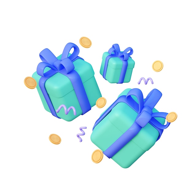 3D-Weihnachtstürkis-Geschenkbox mit blauen Bögen und Goldmünzen und Konfetti-Elementen 3D-Rendering-Illustration Es kann für verschiedene Geburtstagsaktionen verwendet werden. Profitable Einkäufe