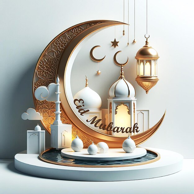 3d Weiße moderne islamische Eid Mubarak Banner Vorlage Generative AI