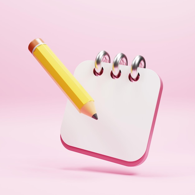 3D weißes Blatt und Bleistift mit Cartoon-Stil auf rosa Hintergrund 3D-Render-Business-Icon-Konzept