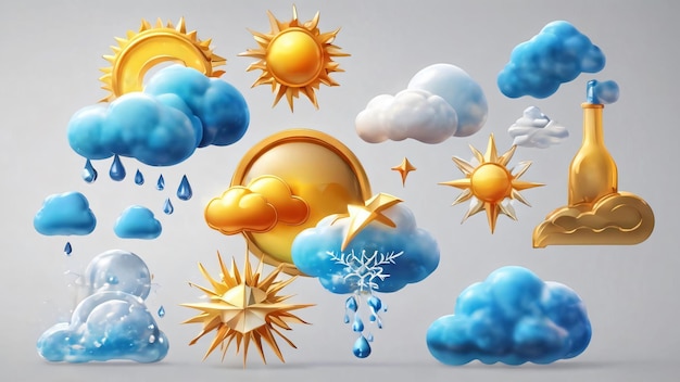 3D-Wettervorhersage-Symbole auf weißem Hintergrund