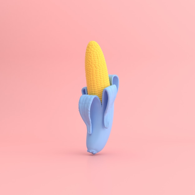 3D-Wiedergabe des gelben Mais in der Banane auf rosa Hintergrund.