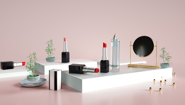 Foto 3d-wiedergabe des lippenstifts mit podium für produktanzeige