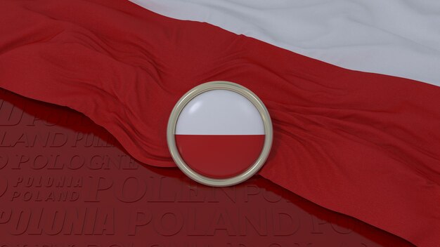 3D-Wiedergabe einer polnischen Nationalflagge und des glänzenden Knopfes über rotem Hintergrund