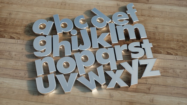 3D-Wiedergabe eines silbernen Alphabets auf einem Holzboden