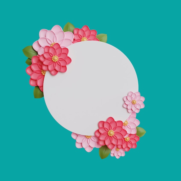 3D-Wiedergabe von rosa Blumen auf Kreisrahmen mit leerem Raum.
