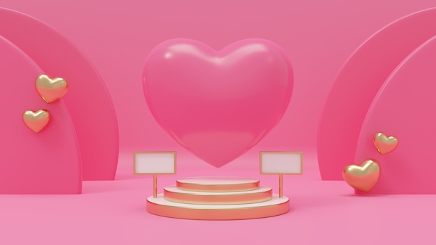 3D-Wiedergabeillustration von Herzrosa auf Premium-Podium, rosa Hintergrund, verziert mit Herzgoldballon für Liebe, Hochzeit, Valentinstag, Jahrestag.