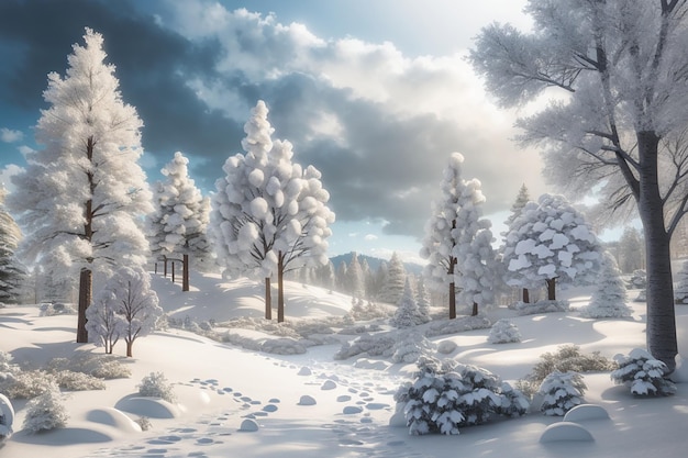 3D-Winterlandschaft mit verschneiten Bäumen