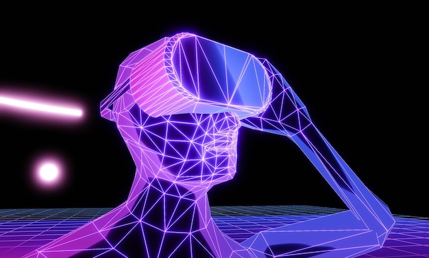 3D-Wireframe-Kopf eines Mannes mit VR-Virtual-Reality-Headset. 3D-Darstellung auf dunklem Hintergrund mit Kopierraum