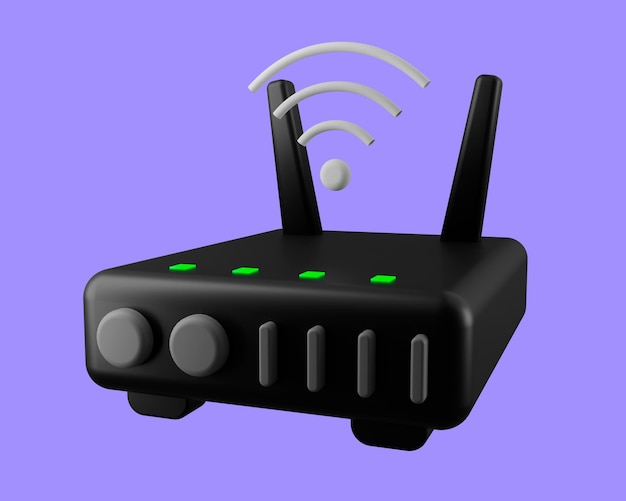 3D-WLAN-Router mit Signal, Ausrüstungssymbol für Internet, 3D-Rendering.