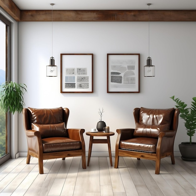 3D-Wohnzimmer mit zwei braunen Lederstühlen und Leinwandplakaten