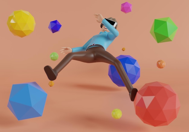 Foto 3d-zeichentrickfigur mann, der eine virtual-reality-brille trägt und in der luft schwebt, isoliert blauen hintergrund, virtuelle welt des videospiels metaverse in die zukunft 3d-rendering