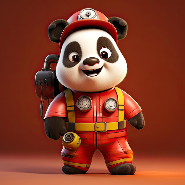 3D-Zeichentrickfigur, süßer, glücklicher Feuerwehrmann Panda