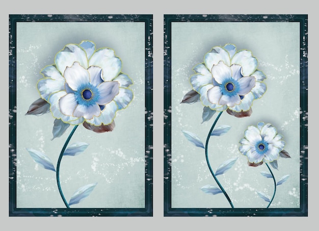 3D-Zeichnung Kunstwandbild moderner Wandrahmen. Blumen im hellen Blumenhintergrund