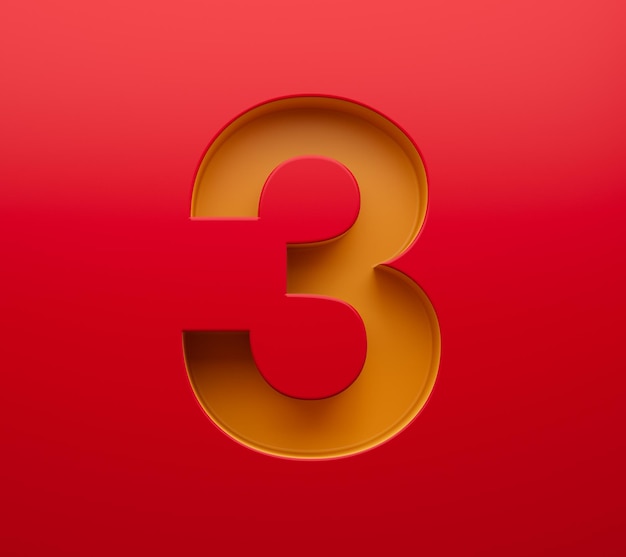 3D-Ziffer 3 oder drei abgeschrägte Goldzahl auf rotem Hintergrund 3D-Darstellung