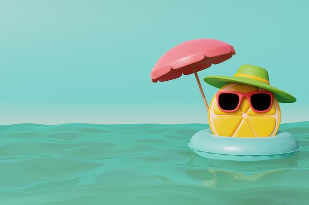 3D-Zitrone trägt eine Sonnenbrille mit aufblasbarem Ring, der im Meer schwimmt Tropischer Sommerstrand an einem sonnigen Tag Sommerurlaub 3D-Rendering