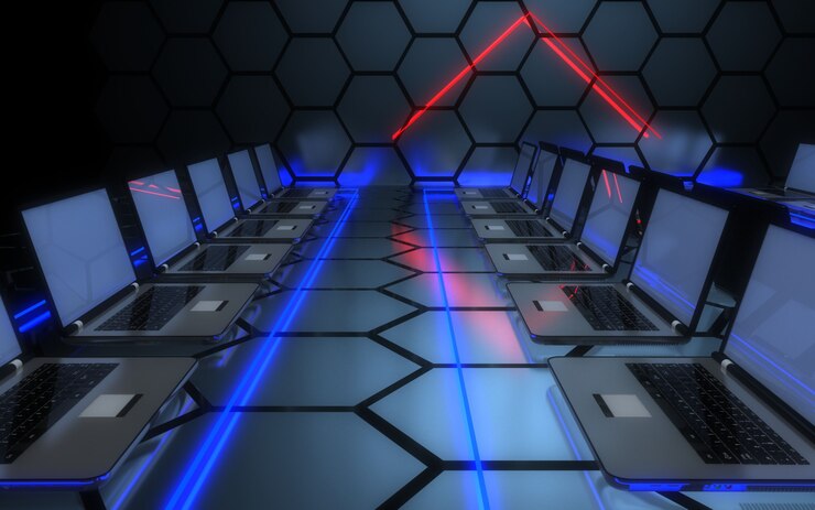 3D zukünftiges Computernetzwerk-Rechenzentrumskonzept. 3D-Illustration