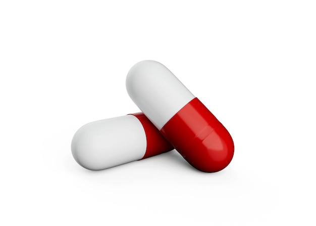 3d, Zwei, Überlappen, Rot Weiß, Pharmazeutische, Kapseln, Weiß, Hintergrund, 3d, Illustration